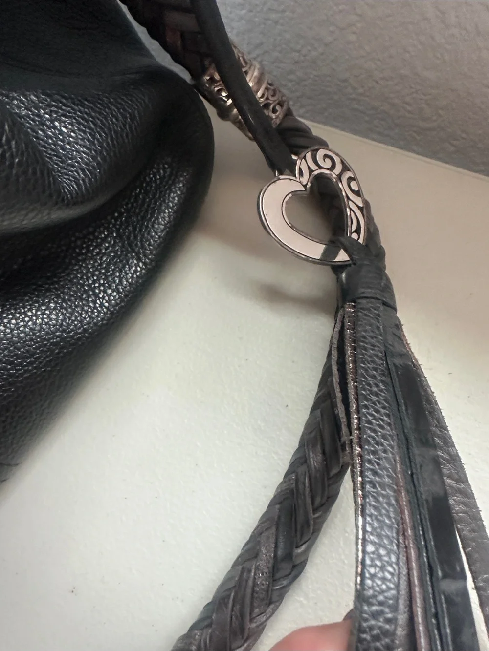 Brighton Black Leather Shoulder Bag with Braided Strap and Heart Charm